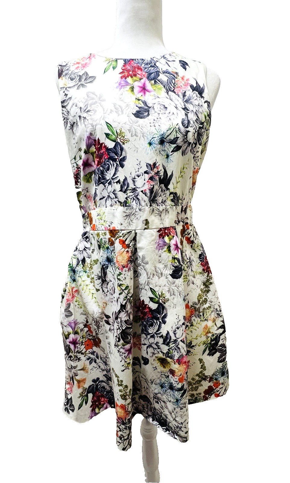 Closet London-Women’s Multicolor Floral Lace Back Pleated & Belted Dress-Size 16