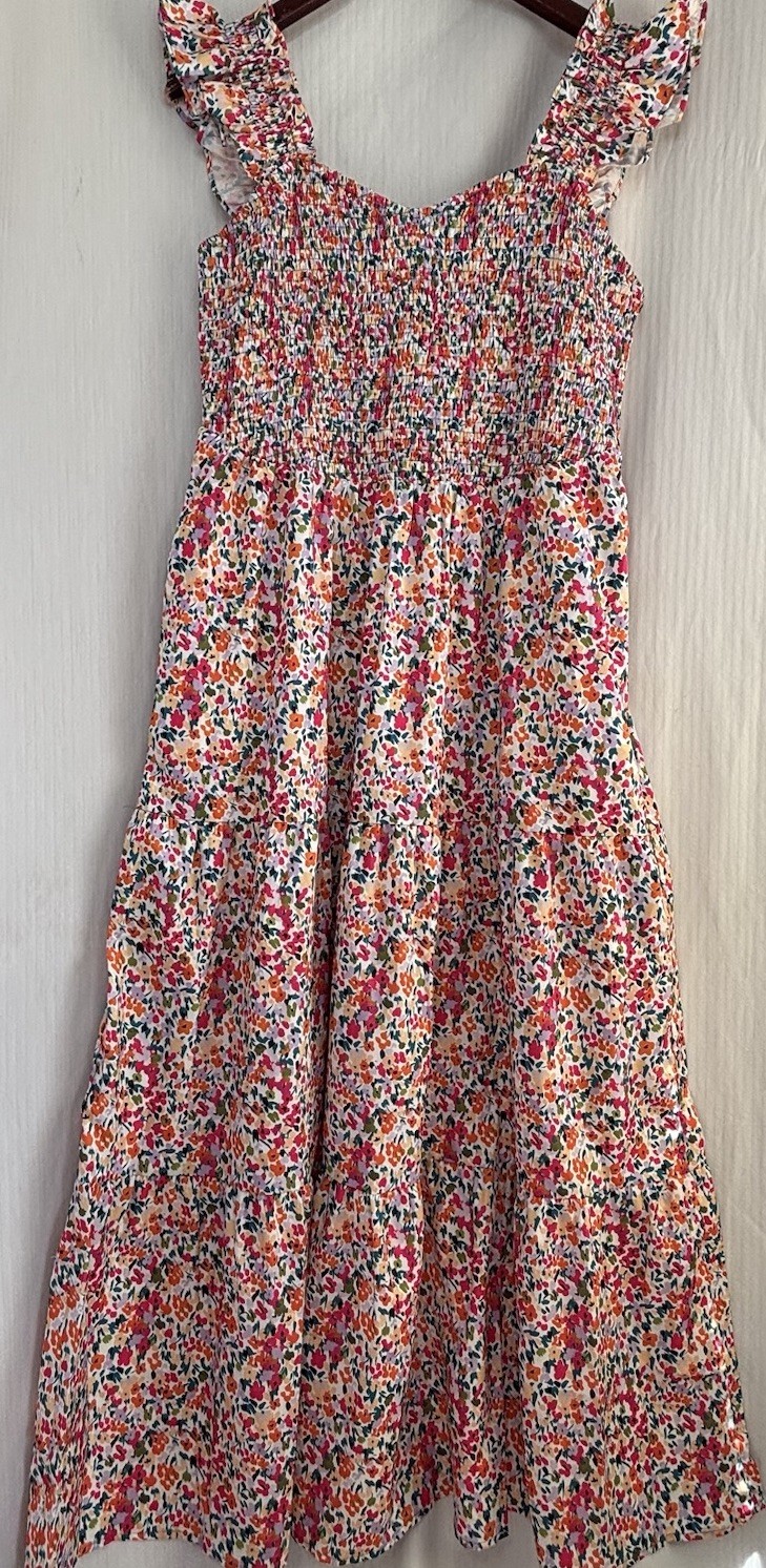 Hailey & Co Floral Smocked Maxi Dress L Ruffle Sleeve Boho Spring Easter