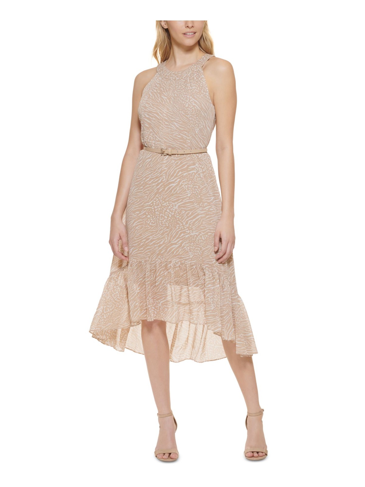 TOMMY HILFIGER Womens Beige Belted Lined Hi Lo Hem Sleeveless Midi Dress 10