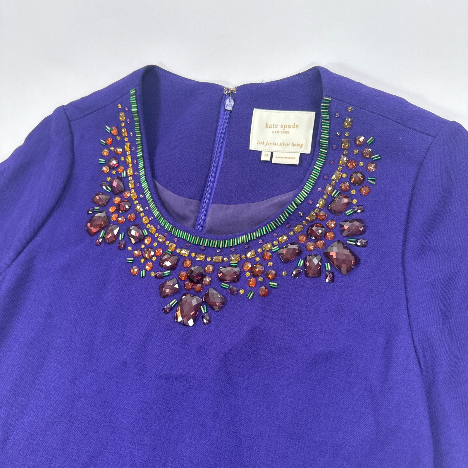 Kate Spade New York Gail Jeweled Shift Dress Womens 10 Purple Wool Embellished