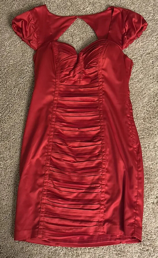 Guess Los Angeles Red Satin Ruched Bodycon Mini Dress Puff Sleeve Keyhole Back 8