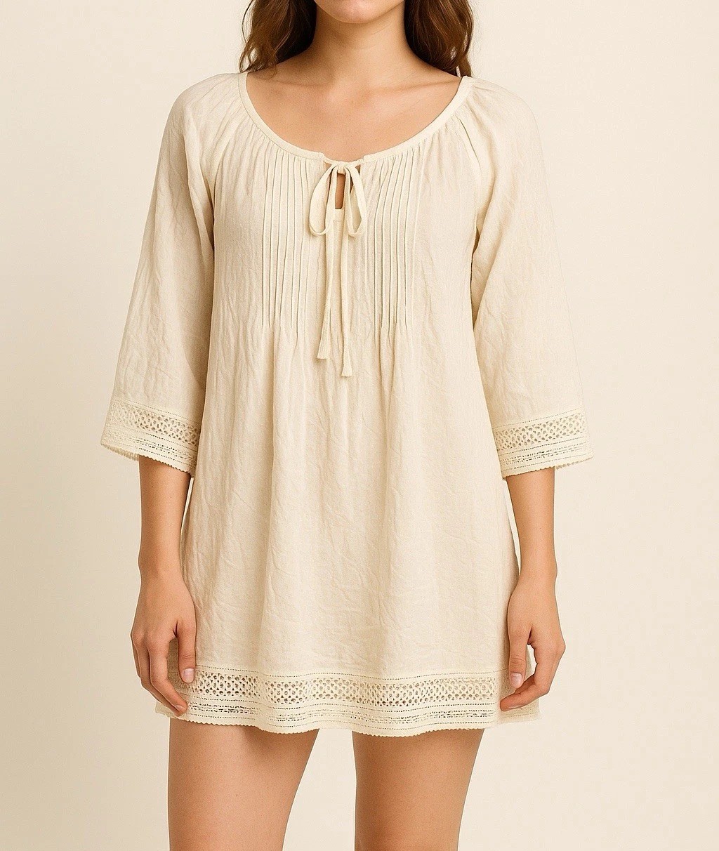 Aimage Women’s Cream Ivory Pintuck Boho Tunic Mini Dress L Semi Sheer Crochet
