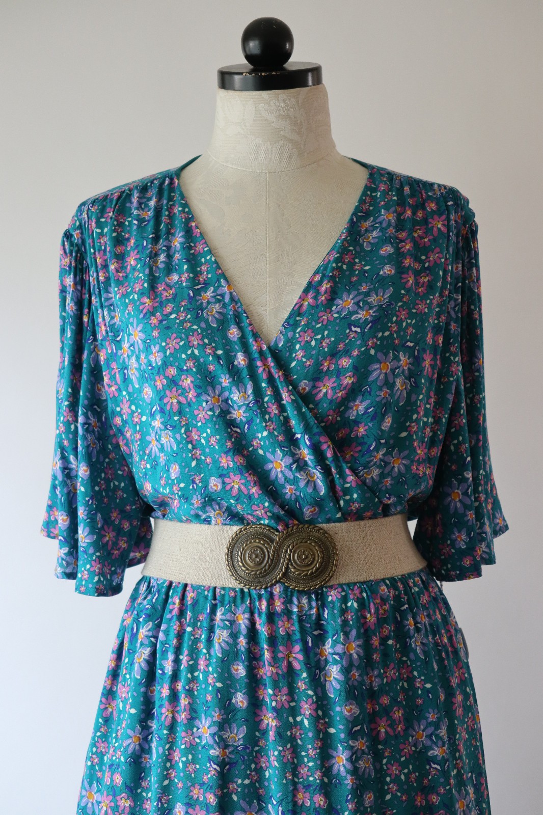 Draper James RSVP Teal Green Floral Short Batwing Sleeve Wrap Dress Women XXL