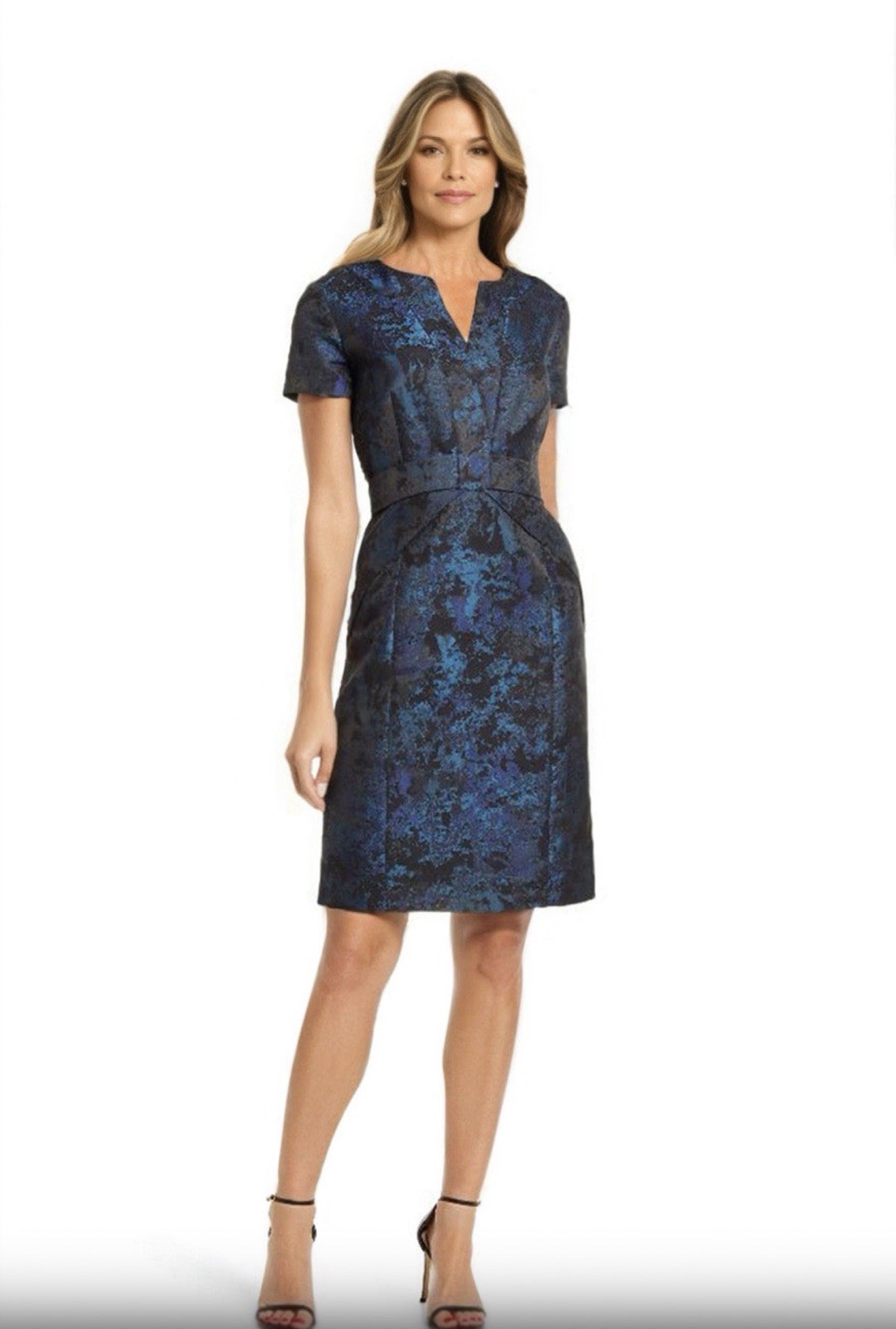 SHANI Blue/Black Floral Jacquard Sheath Knee Dress SS Cap Sleeve V-Neck 8