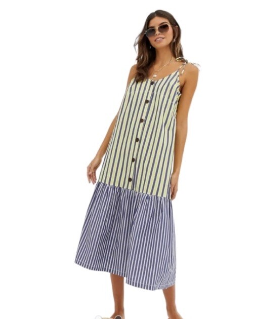 ASOS Sundress Blue Yellow Stripe Peplum Midi Smock Button Front Tie Sleeves US 0