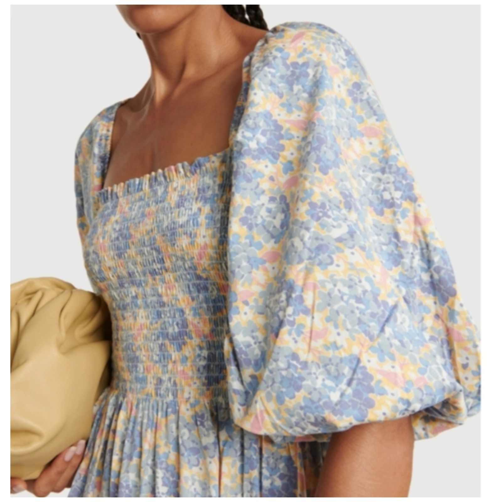 Polo Ralph Lauren Floral Shirred Cotton-Blend Midi Dress Blue Yellow Womens XXS