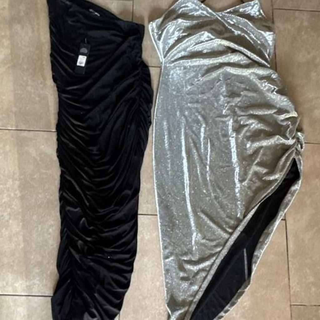 2 Fashion Nova Dress- My Man & Me new & Metallic Silver Shimmer Dress semi new