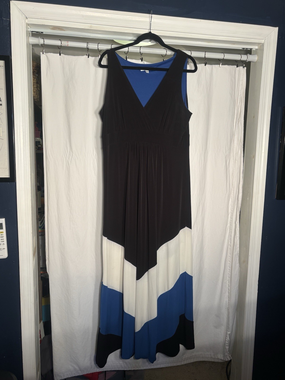 STUDIO I Color Block LONG Dress Black, White, Blue Large I3
