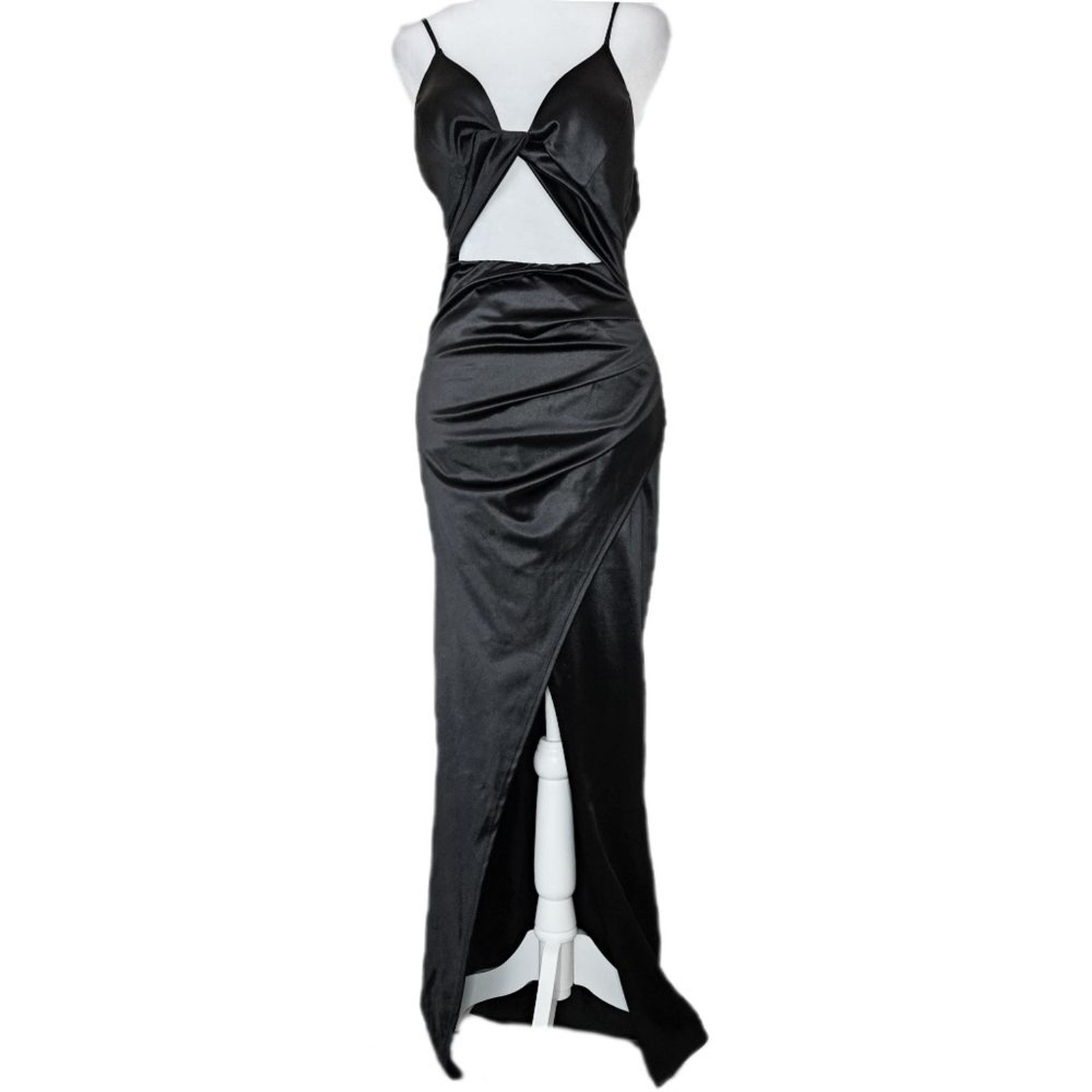 Love Culture Black Satin Maxi Dress Women’s Large Cutout High Slit Sexy Evening