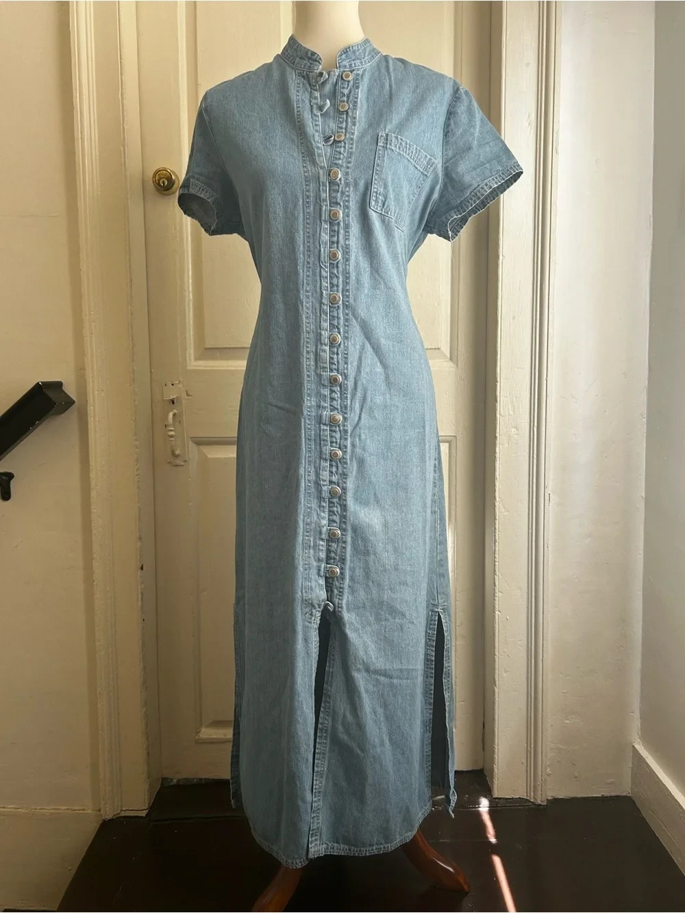 Vintage 90s Faded Glory Jean Denim Maxi Dress Button Front Mandarin Collar Large