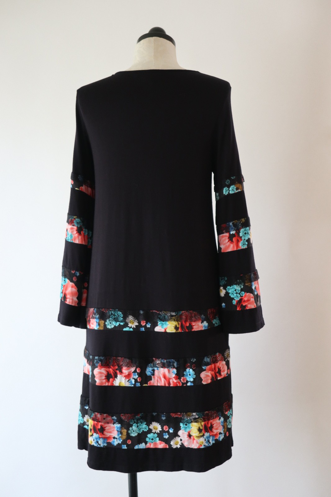 Desigual Black Jersey Colorful Floral Stripes Lace Ruffles Tshirt Dress Women L