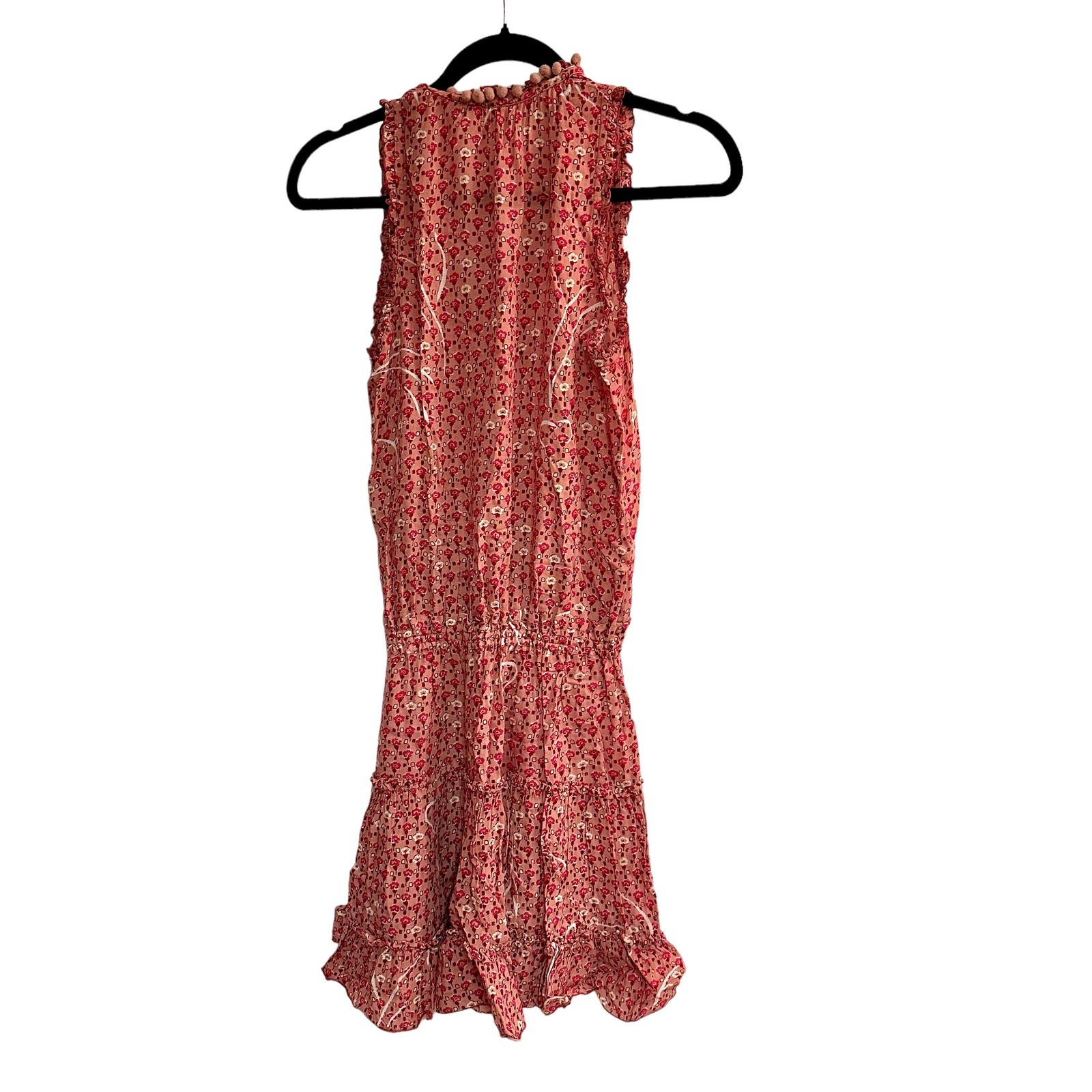 Poupette St Barth Clara Mini Dress Pink Floral Pom Tassel Resort Beach Ruffle XS
