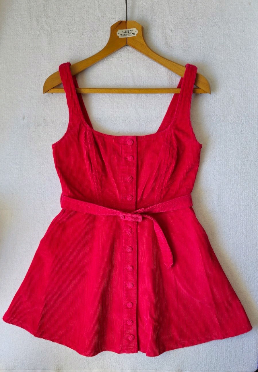 ASOS Denim Pink Corduroy Women’s UK 10 Pinafore Dungaree Dress Belt Pockets 1076