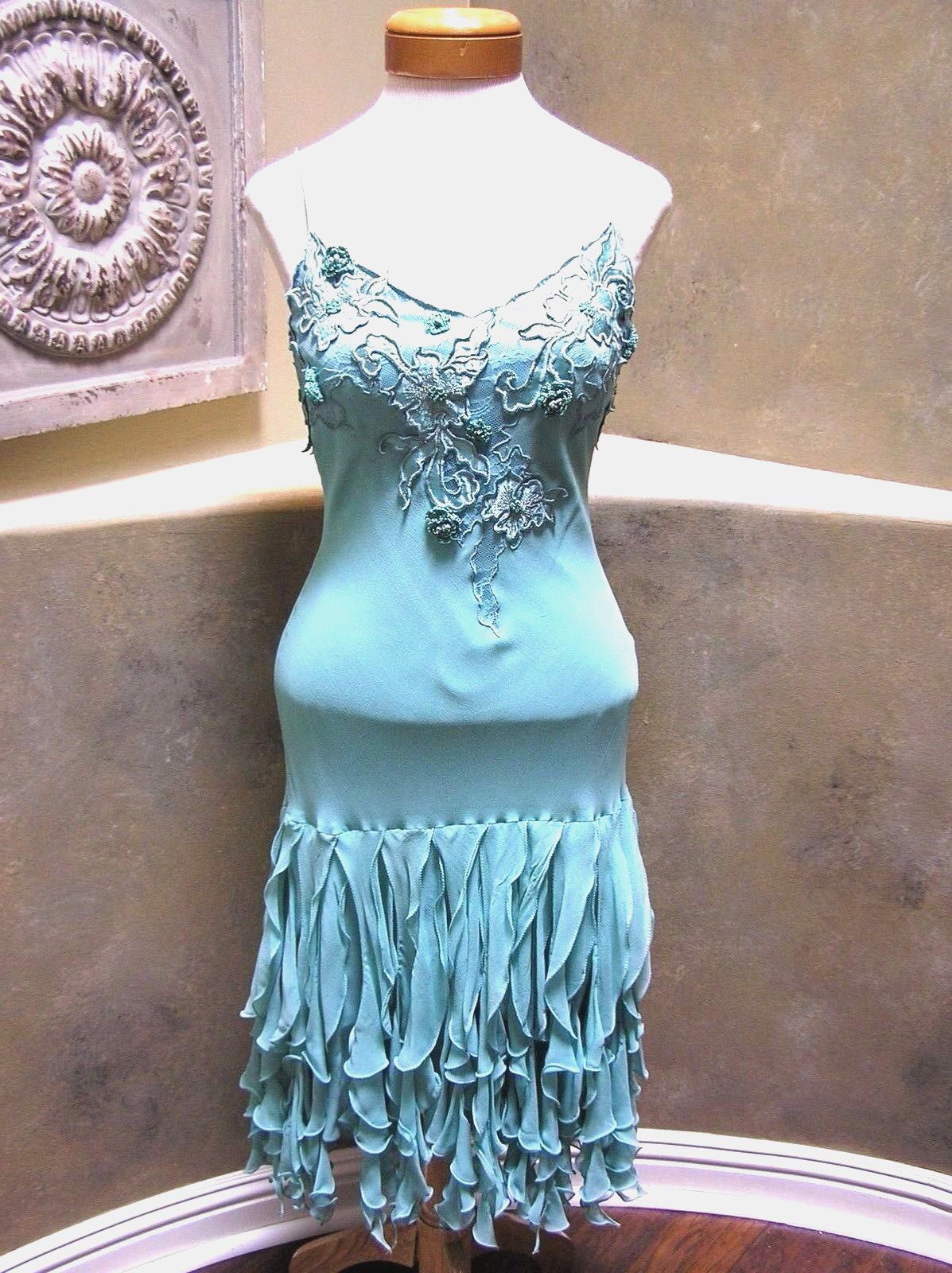 LOTUS SILK prom pageant formal cocktail salsa ruffle Dress aqua blue 6 RARE