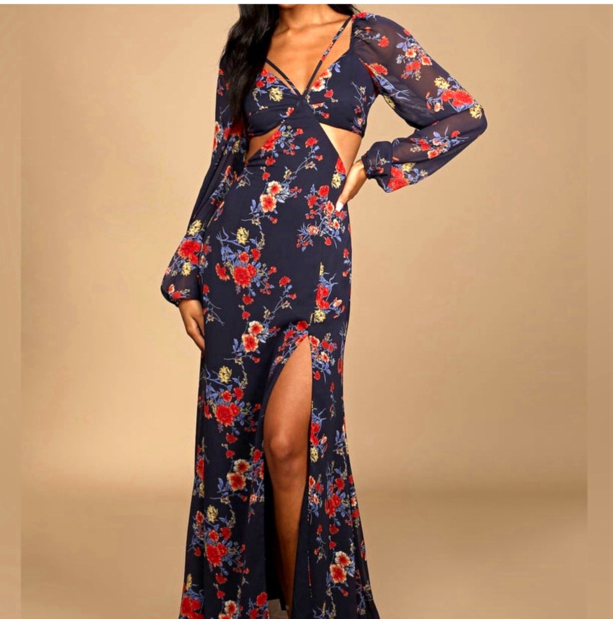 Lulus Navy Floral V-Neck Maxi Dress M Long Sleeve Cutout Side Slit