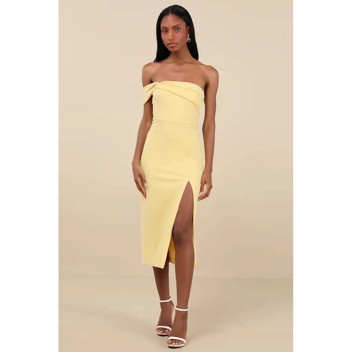 NWT Lulus Twist and Make Up Light Yellow One-Shoulder Bodycon Midi Dress Medium