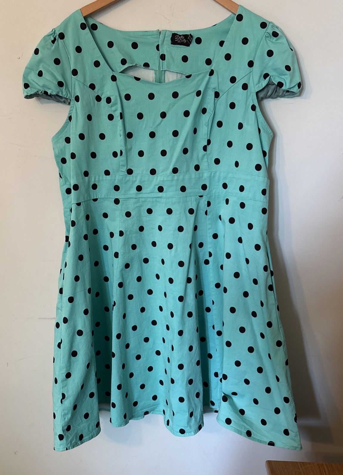 ^Dolly and Dotty Turquoise Blue & Black Polka Dot Rockabilly Fit & Flare Dress