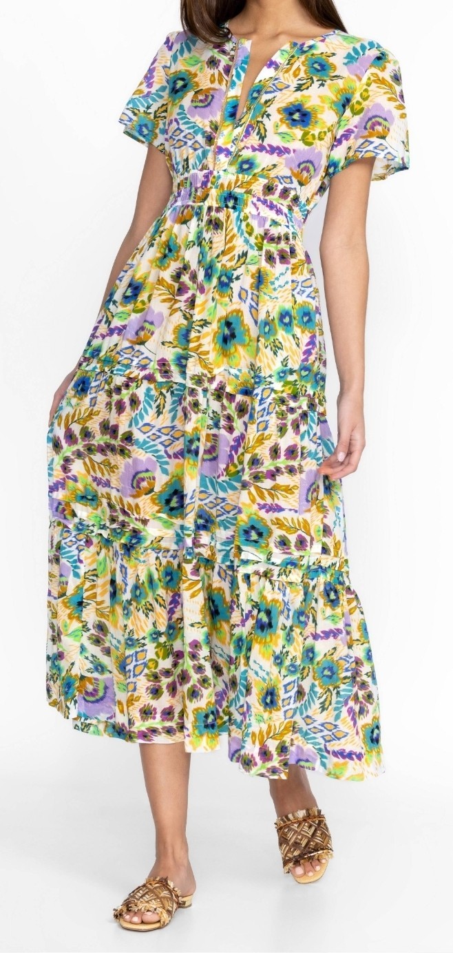 Johnny Was Ikat Bloom Pintuck Tiered Dress Size Large
