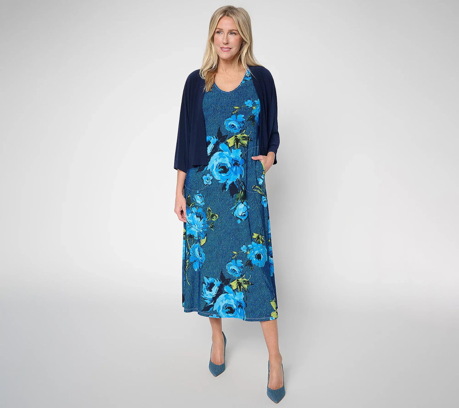 Women with Control Como Jersey Midi Dress & Topper Set Blue Garden L