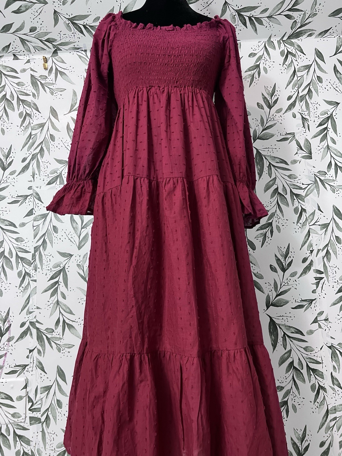 R. Vivimos Plaid Puff Sleeves Bow Boho Midi Dress Sz M Burgundy Vacation Casual