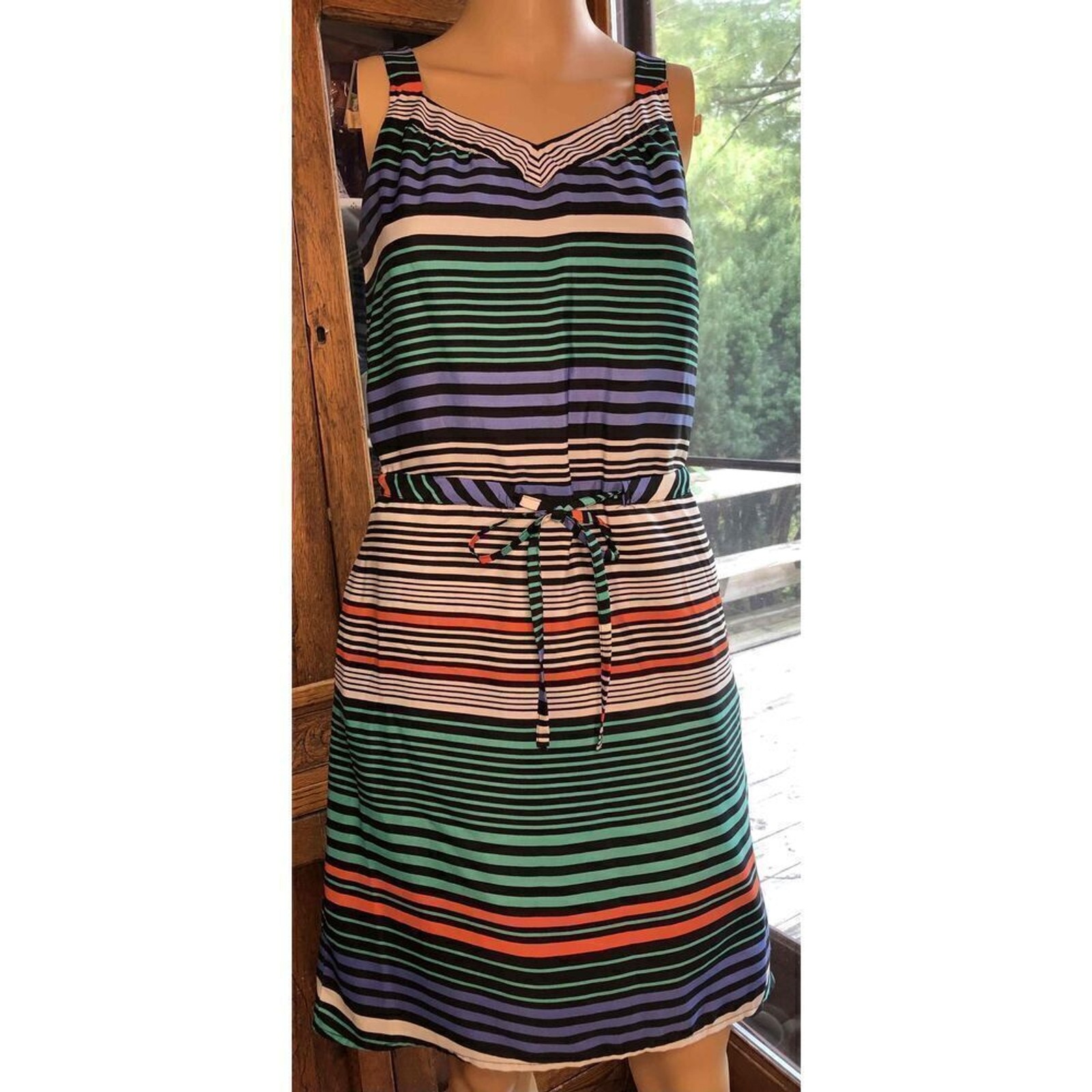 Merona Green Orange Striped Sleeveless Sundress V Neck Waist Tie Good Size xs