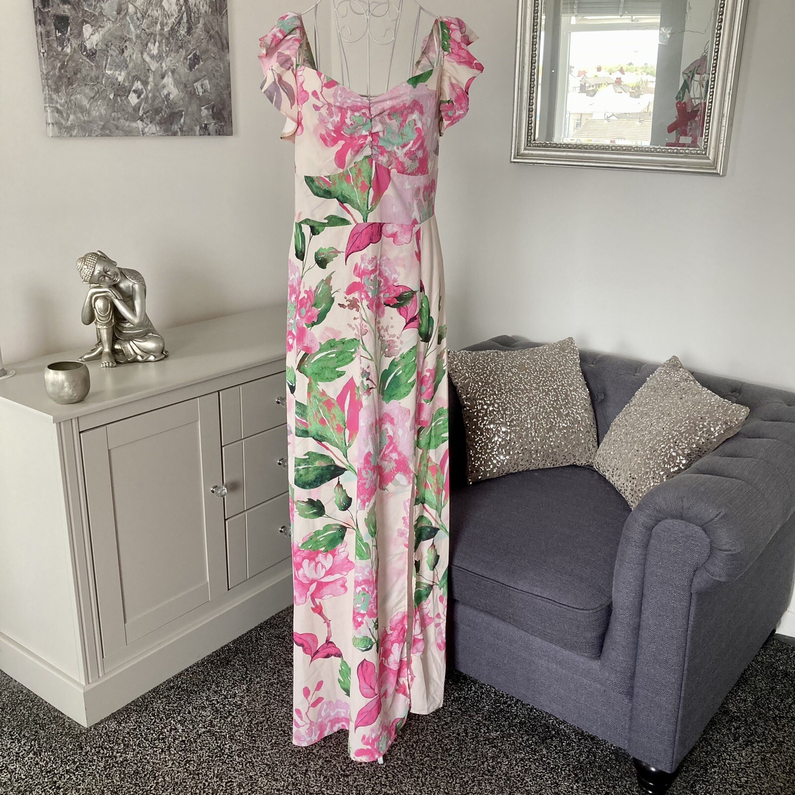 Cream Pink & Green Floral Sweetheart Neckline Frill Straps Maxi Dress 10