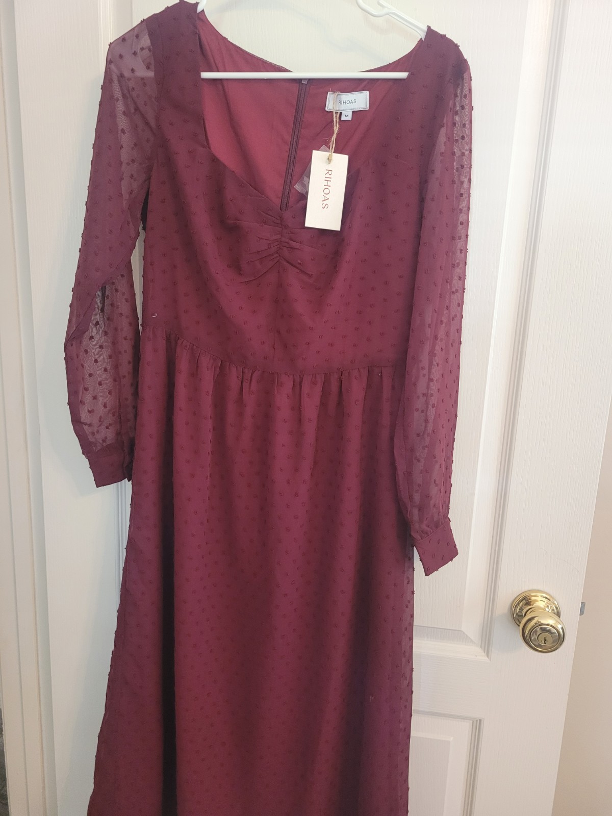RHOS Burgundy Long Sleeve V-Neck Midi Dress Zip Closure Size M