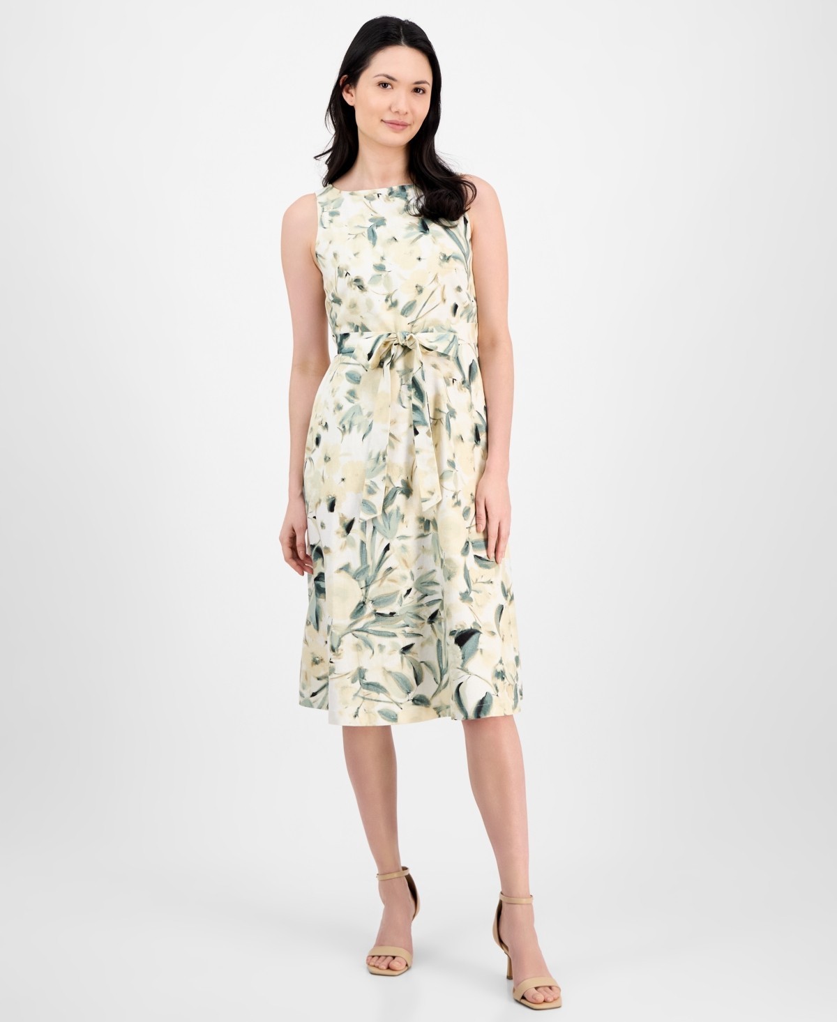 Anne Klein Linen Blend Floral-Print Tie-Waist Dress Women’s 12 White Dove Multi