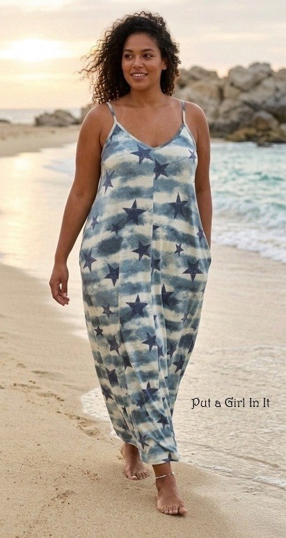 New Womens PLUS SIZE TIE DYE USA STARS SLEEVELESS MAXI DRESS POCKETS 1X 2X 3X