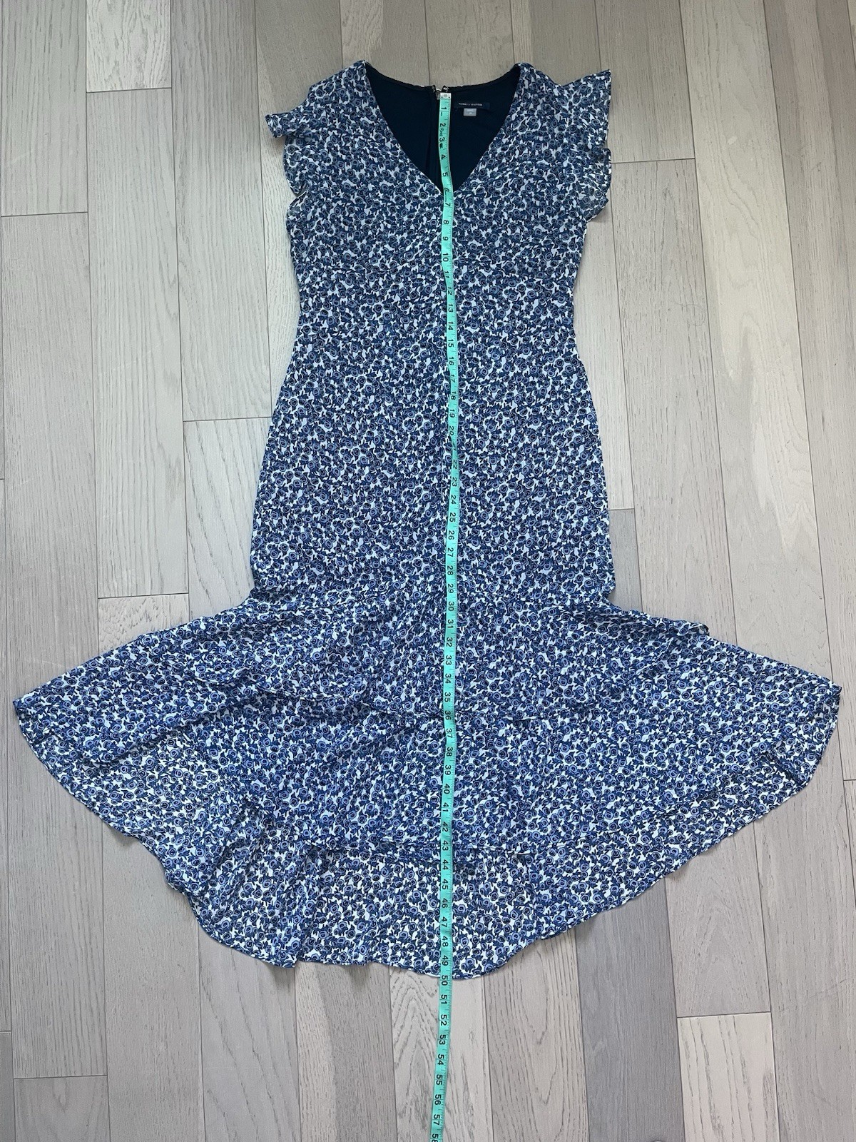 Tommy Hilfiger Blue/White Floral V-Neck Flutter Sleeve Midi A-Line Dress 10