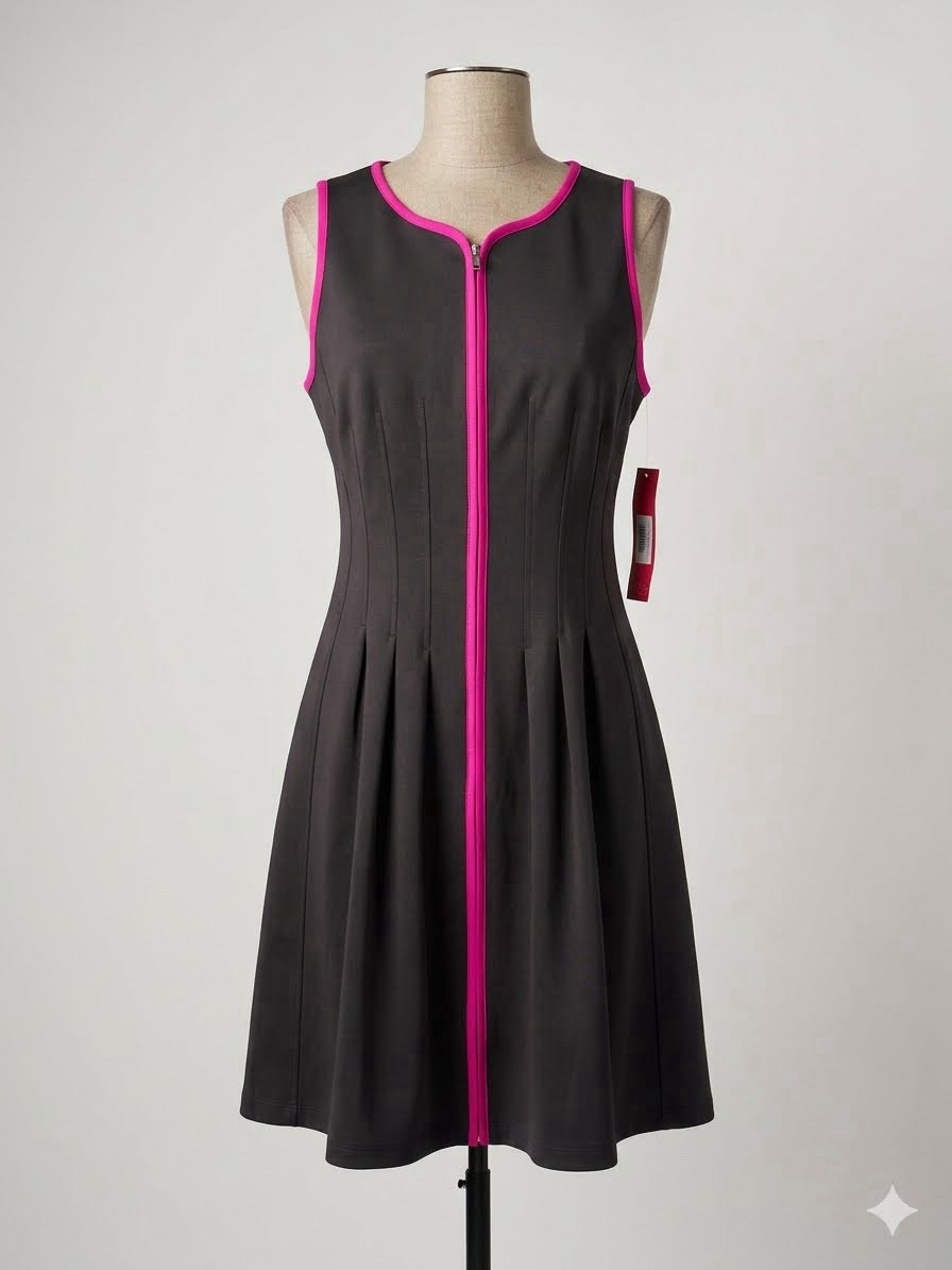 NWT Betsey Johnson Scuba Dress Black Neon Pink Trim Full Zip Front Fit Flare 10