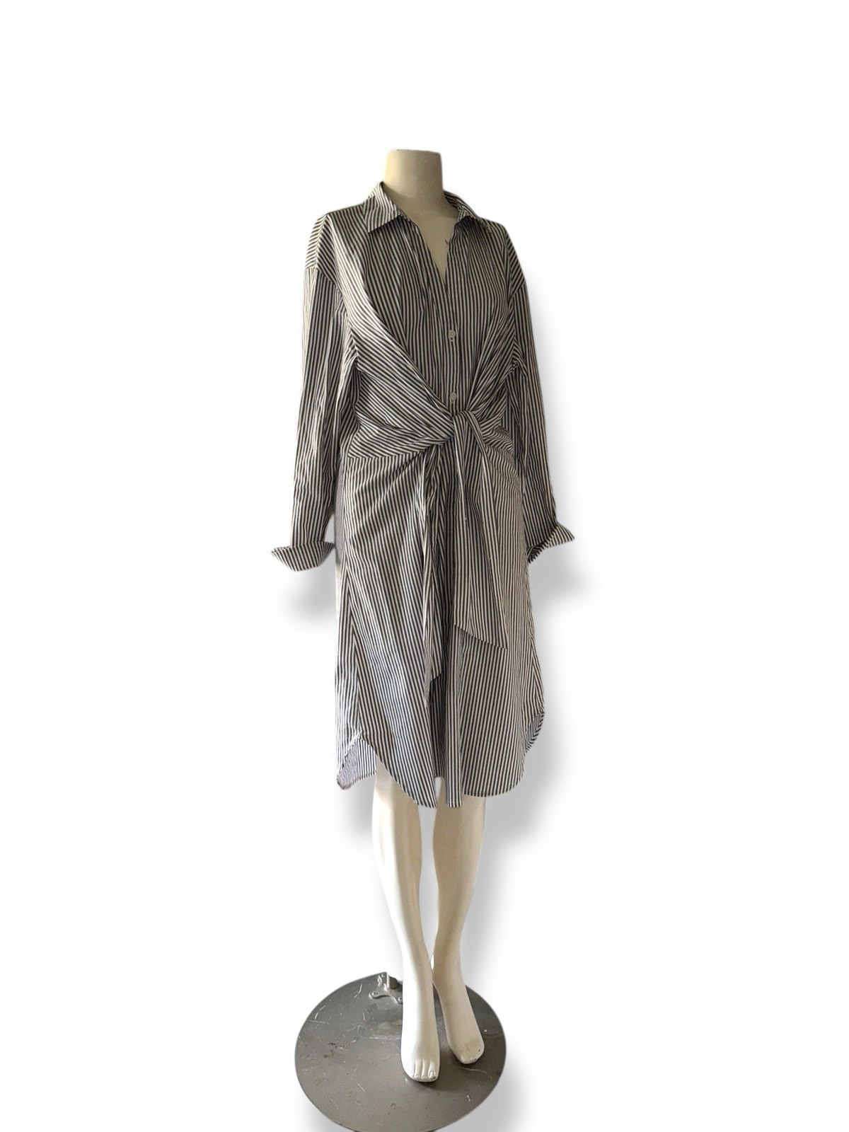 BROCHU WALKER Madsen Shirt Dress Midi w Tie Striped Gray style SSP4099 size M