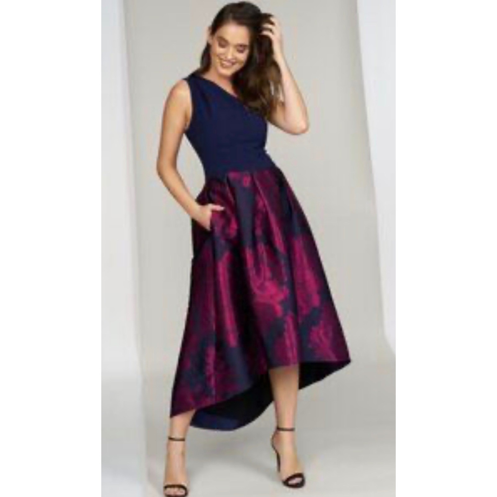 NWT Hutch Navy Blue Magenta Floral Brocade High Low Midi Dress with Pockets 6