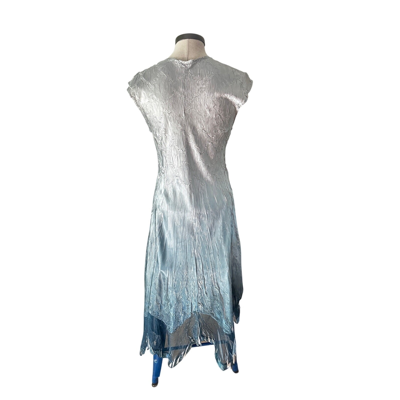 Komarov Crinkle Chiffon Dress Blue Gray Beaded Handkerchief Hem Fairycore Size L