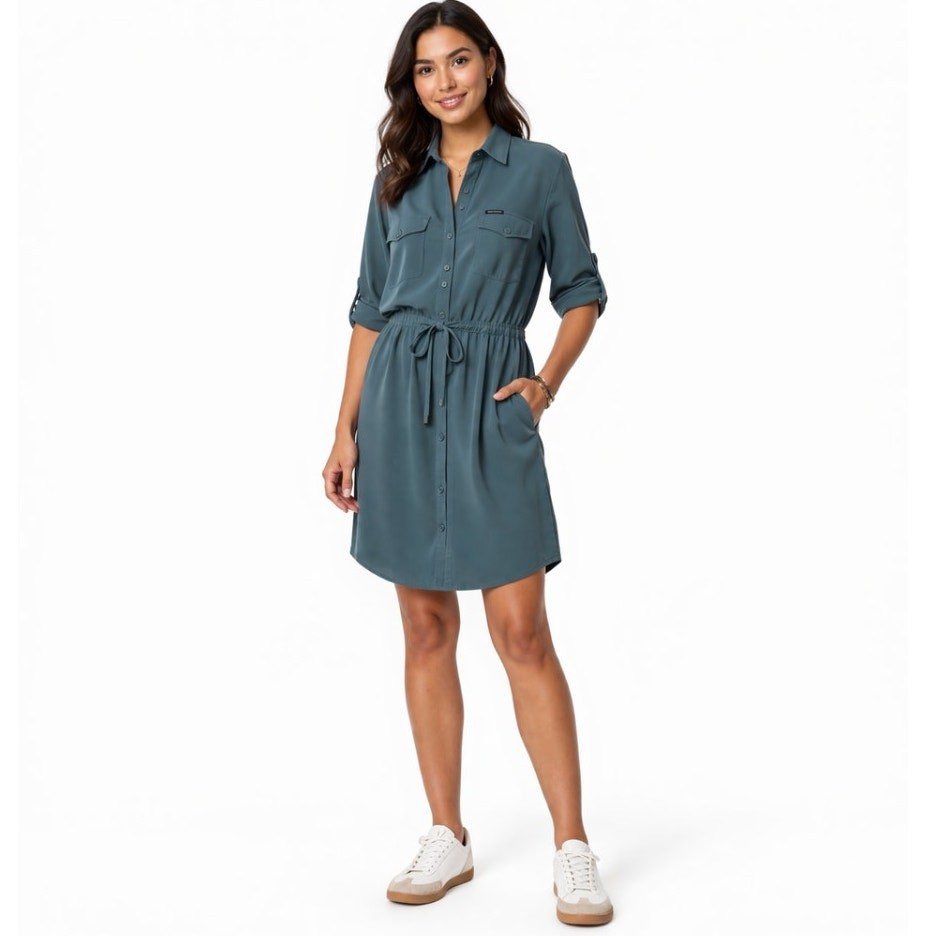 Mossimo Teal Shirt Dress Drawstring Waist Roll Tab Sleeve Utility Casual Travel