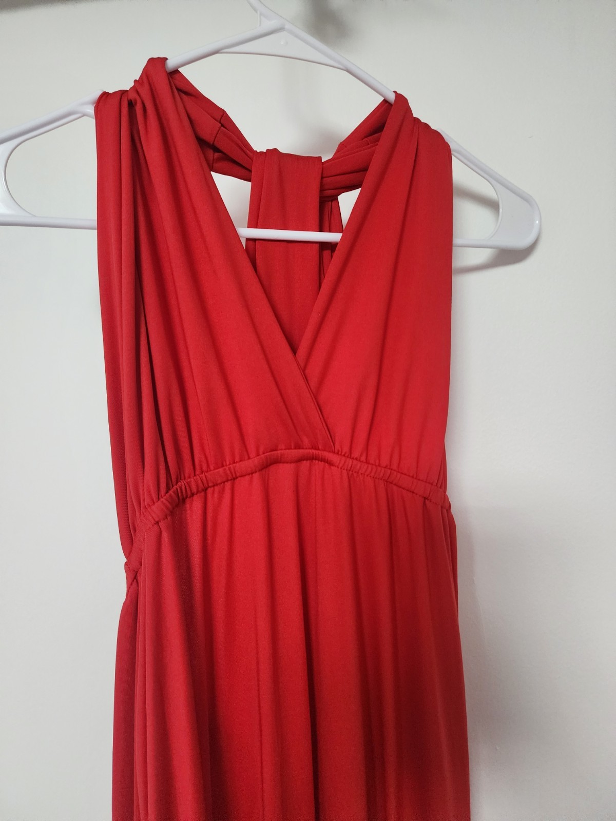 Infinity Red Sleeveless V-Neck Long Maxi Dress Solid Pattern Regular Fit Size L
