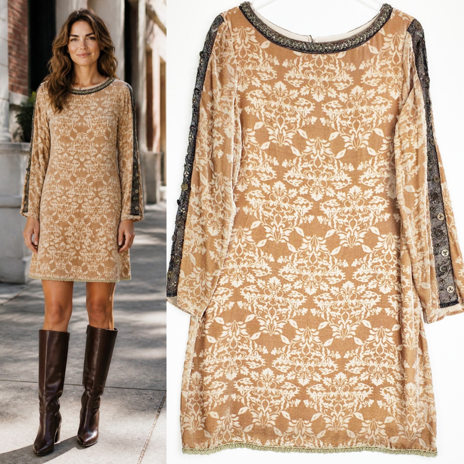 Sundance size 10 shift dress silk blend velvet long sleeves beaded damask golden