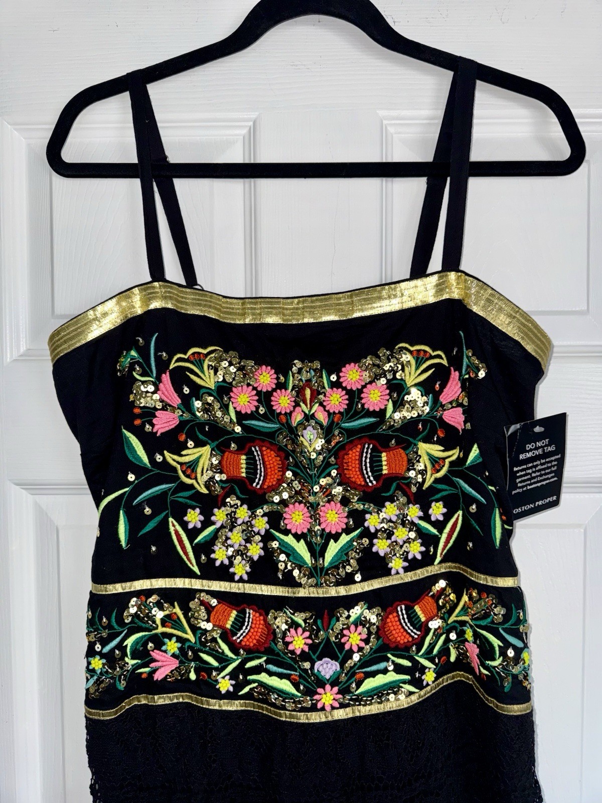 BOSTON PROPER Sequin Gold Floral Embroidered Lace Inset Tiered Smocked Maxi M