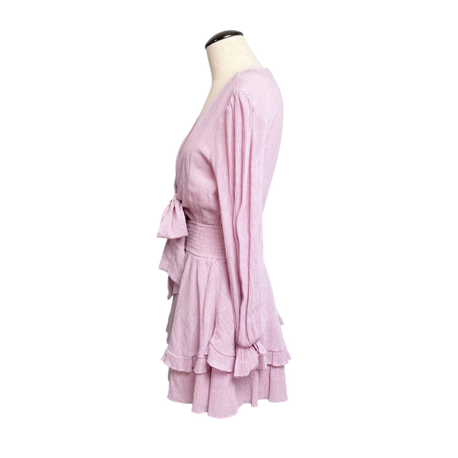 Saints + Secrets Pink Crinkle Ruffle Mini Dress Tie Front Smocked Waist Womens S