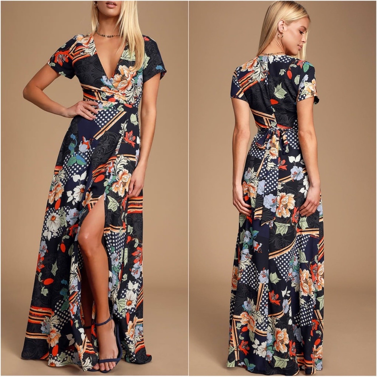 Lulus Aleta Navy Blue Print Short Sleeve Surplice Maxi Dress Size Medium