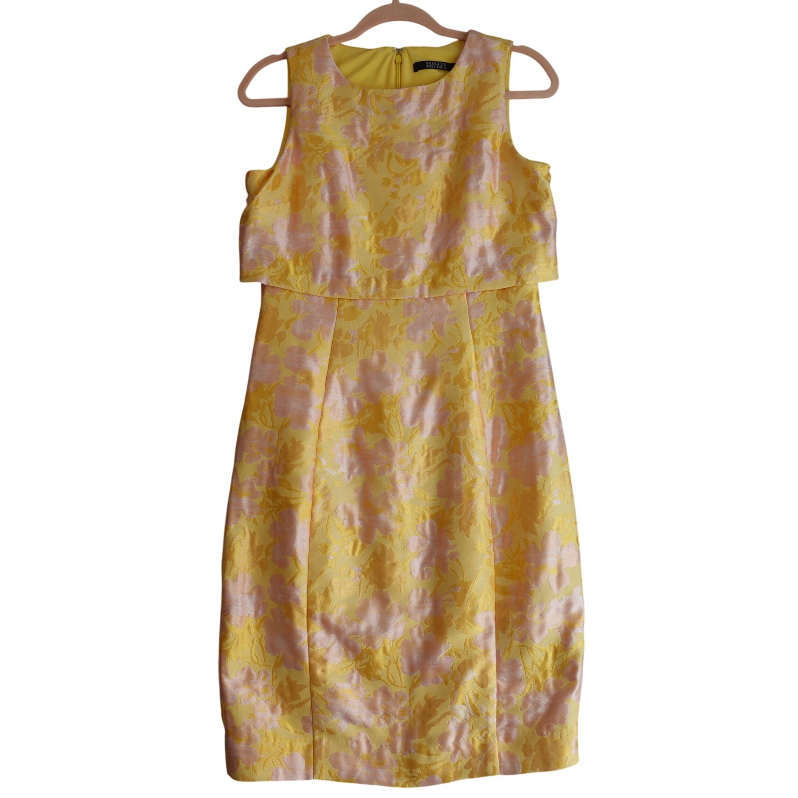 Badgley Mischka 60s Retro Floral Brocade Sheath Dress 4 Yellow Pink Cocktail Mod