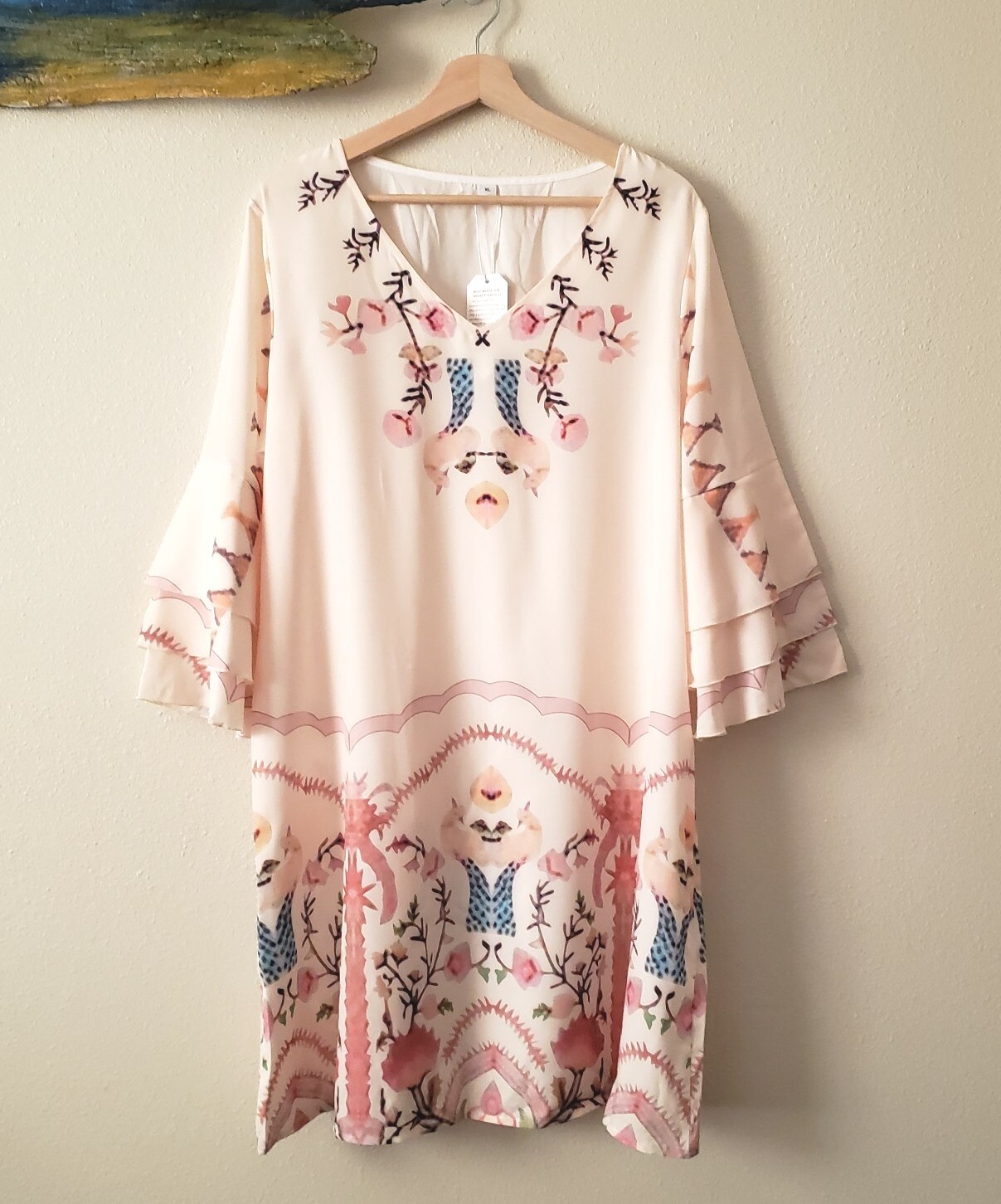 Beautiful Boho Chic Bell Sleeve Dress XL Soft Pink Floral & Birds Print A-Line