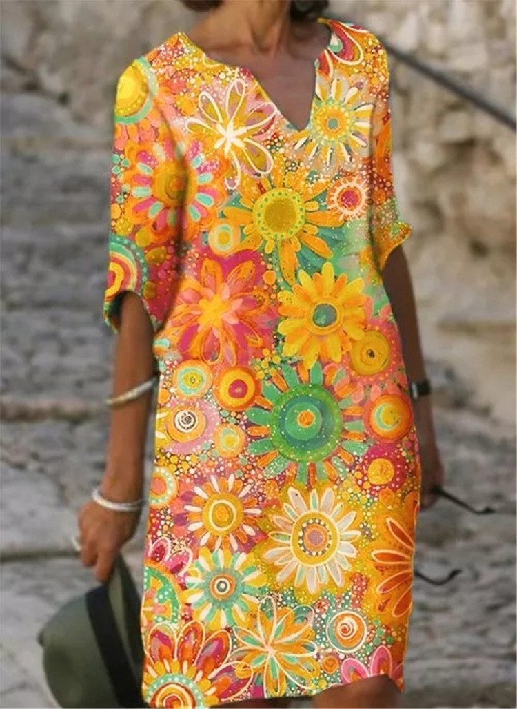 Women’s Plus Size Colorblock Patchwork V-Neck A-Line Midi Dress