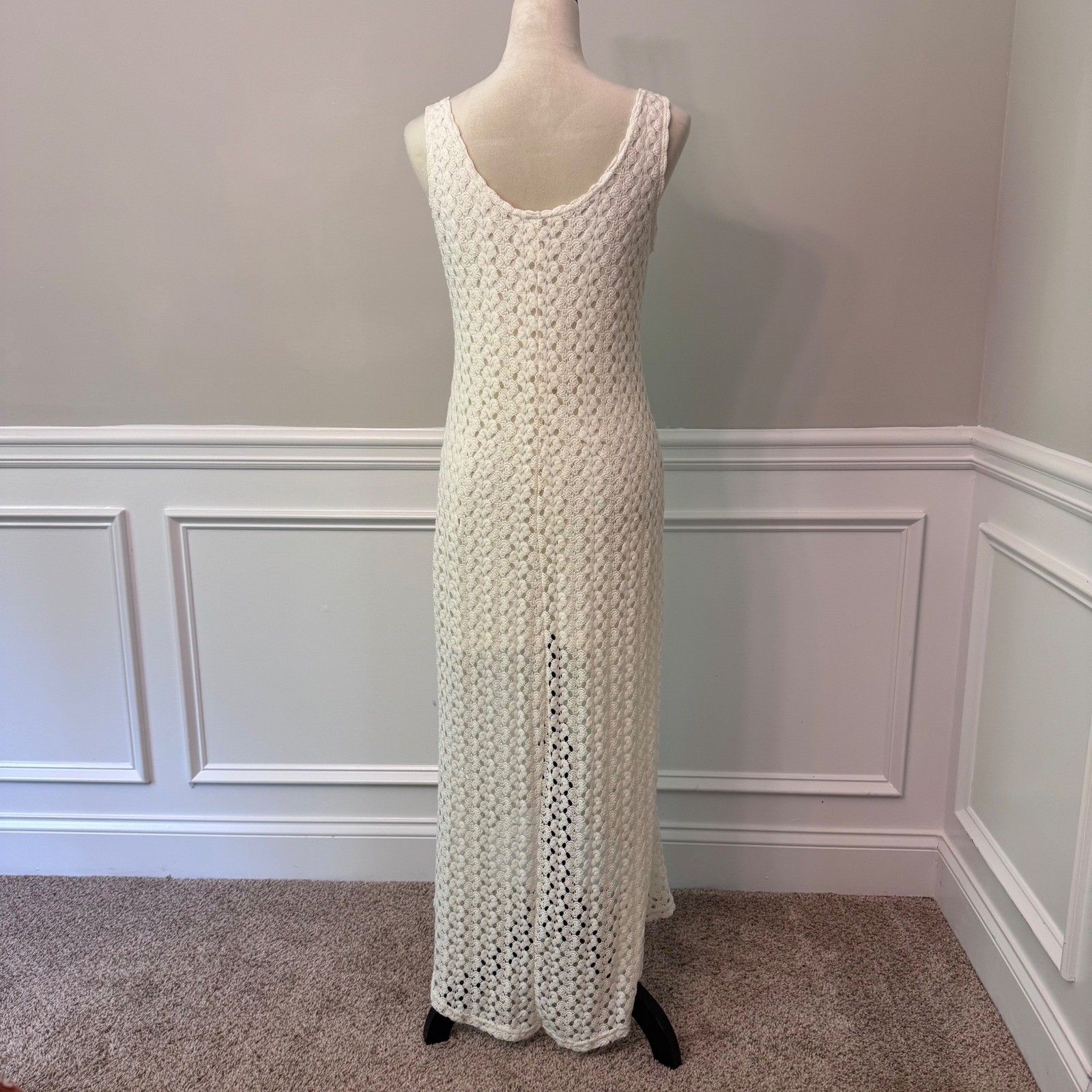 Y2K Cream Crochet Cottagecore Maxi Earthy Boho Sleeveless Scoop Neck L