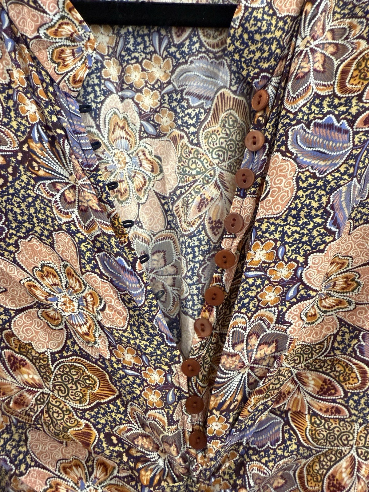 Husk Floral Earth Tone Dress With Button Up Detail Rushing Front Slit Size 16