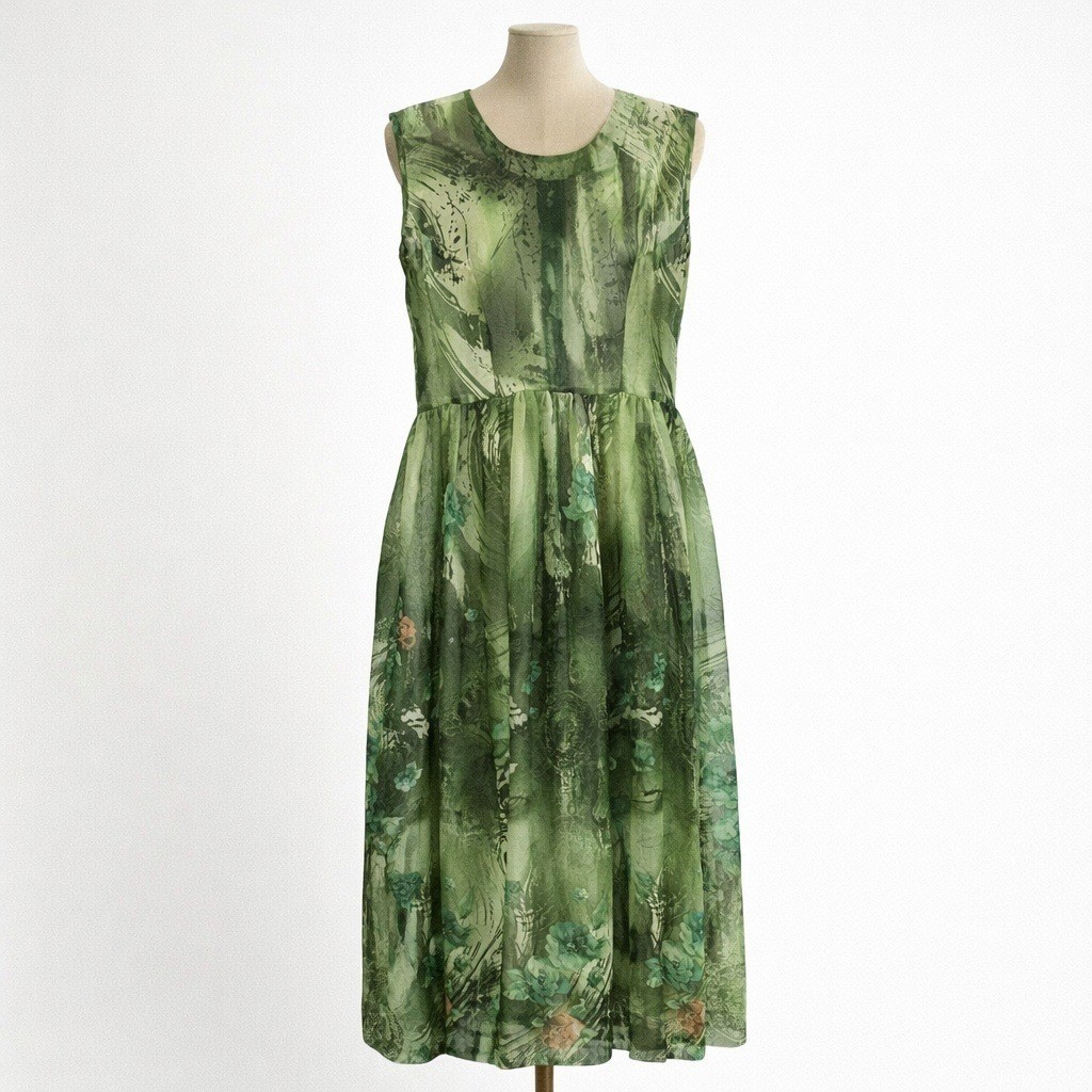 Handmade Floral Fairy Grunge Sheer Maxi Dress Size L Green Granola Earthy Flowy