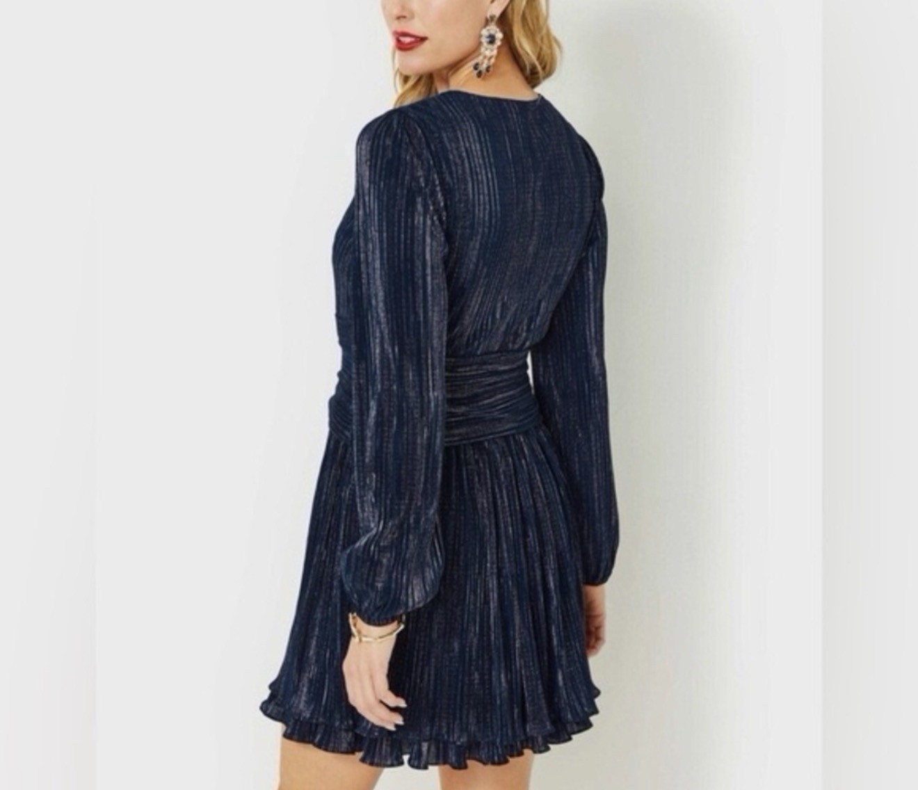 Lilly Pulitzer Navy Metallic Pleated V-Neck Balloon Sleeve Mini Dress 6