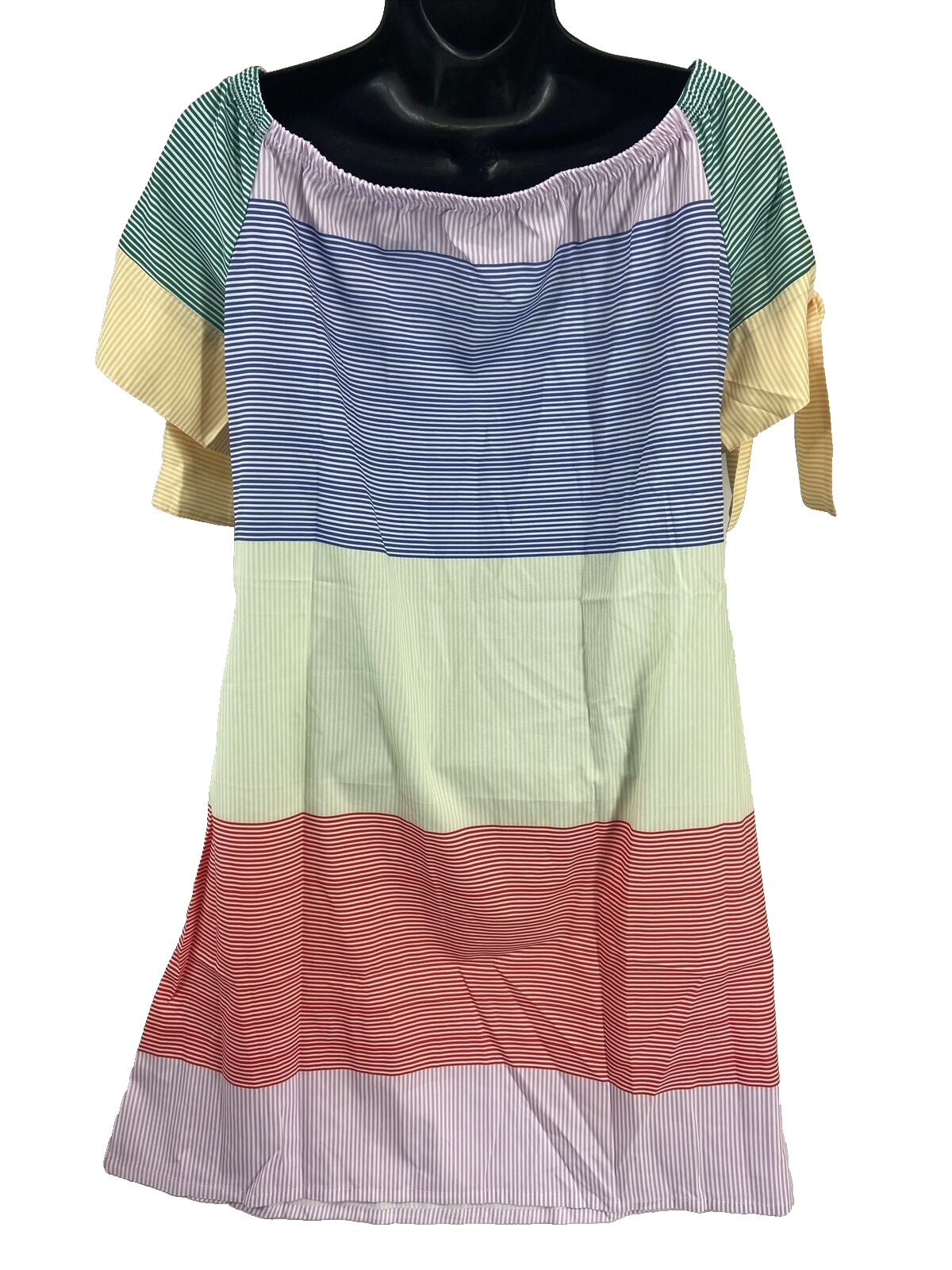 Women’s M Pullover Off Shoulder Shift Sundress Petal Sleeve Striped Colorblock