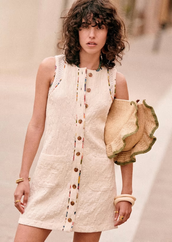 NWT Sezane Villa in Ecru Jacquard Sleeveless Mini Shirt Dress 34 / 2
