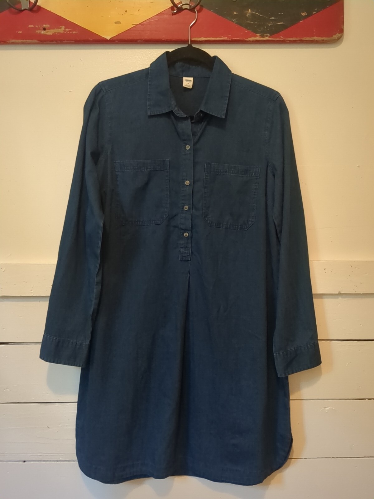 Old Navy Dress Womens Medium Dark Blue Chambray Long Sleeve Popover Shirt Shift